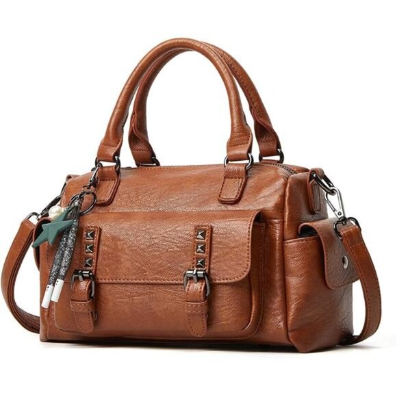 Handbags - Retro Handbag with Pendant Satchel Camel